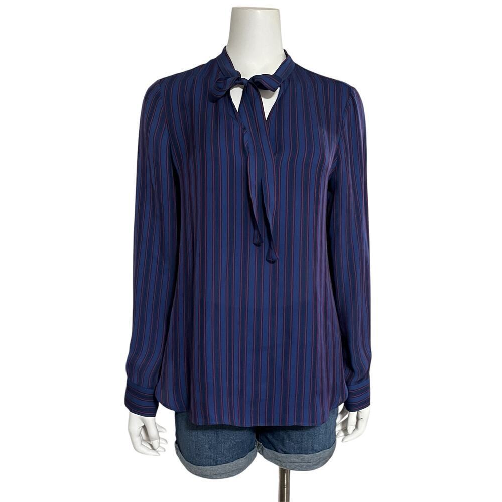 J.Crew Collection Blue Red Striped Long Sleeve Silk Secretary Blouse Size 10